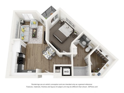 Floor plan for 1 bed, 1 bath, 645 sqft